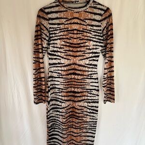 Tiger Print Long Sleeve Bodycon Stretch Midi Dress High Neck Animal | Size S |